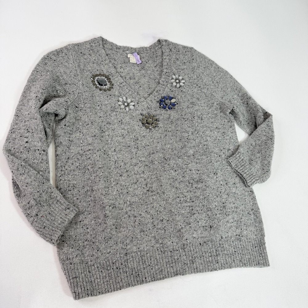 J Crew Sweater Womens Large Gray Jeweled V Neck Lambswool Knit Pullover B3799